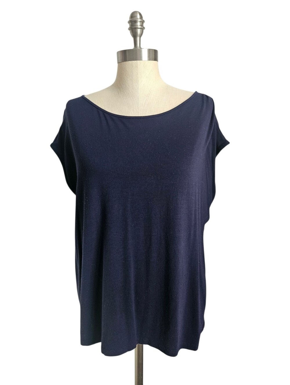 EILEEN FISHER Navy Blue Fine Jersey Knit Ballet Neck Boxy Top | SZ L